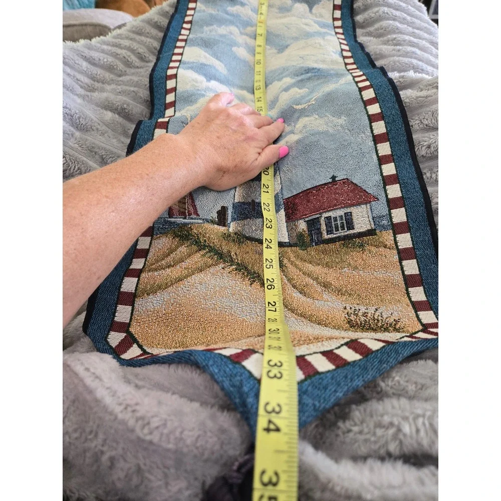 Nautical Lighthouse Woven Tapestry Table Runner Coastal Beach Decor Tassel 68in
